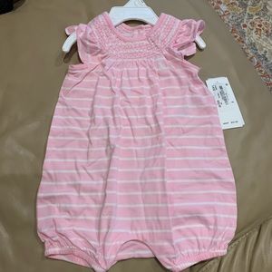 6M Baby Girl Pink and White Striped Romper with smocked neckline!